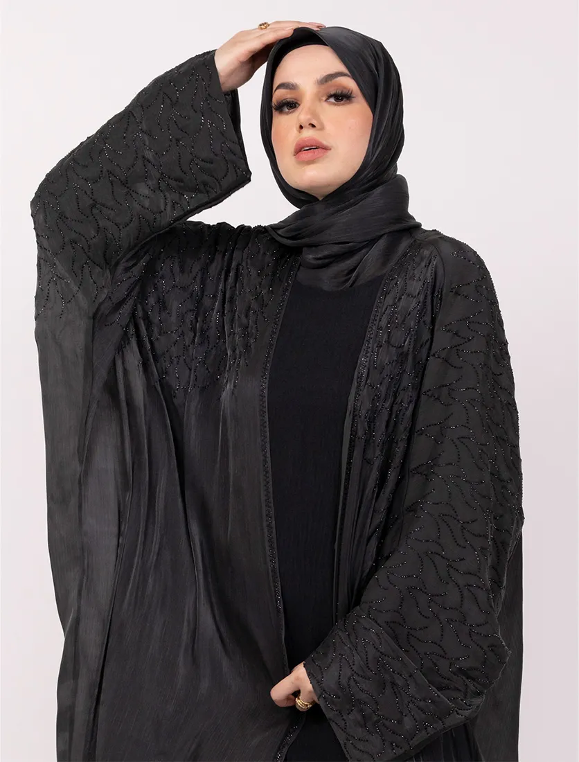Black Embellished Sheer Abaya Set